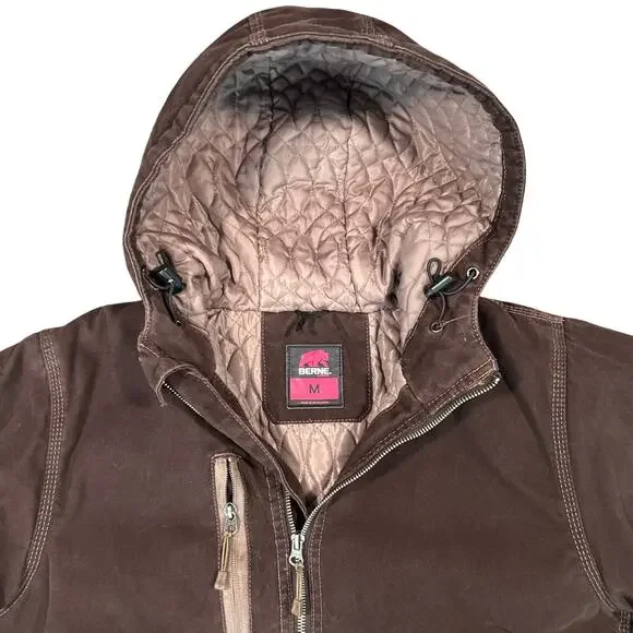 Vintage Women’s Bernie Quilted Lined Canvas Jacket Hooded Work Wear Brown Sz M - Picture 3 of 5